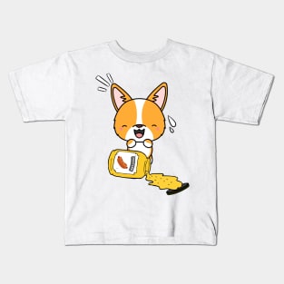 Cute Corgi Spilled a jar of mustard sauce Kids T-Shirt